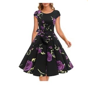 Dressystar vintage style floral purple black fit and flare midi dress